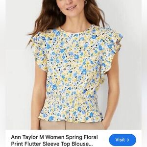Ann Taylor Floral Ruffle Sleeve Top - Blue and Yellow